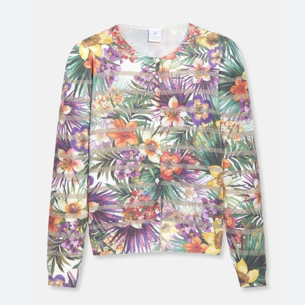 Madeleine Multicolor Floral Cardigan Size 8 EUC Tropical Italy Knit German Brand